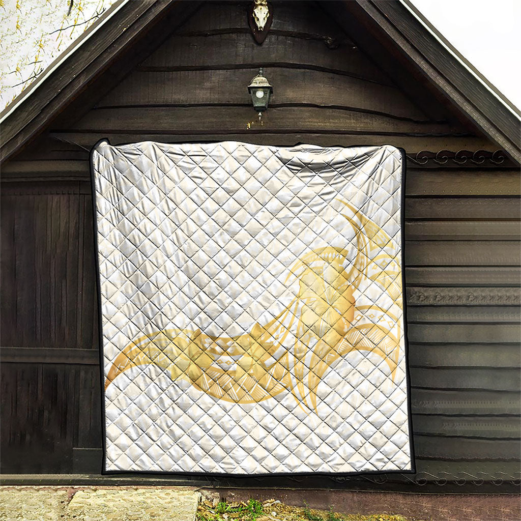 Polynesia White Sunday Quilt Polynesian Tattoo Plumeria Hibiscus Gold