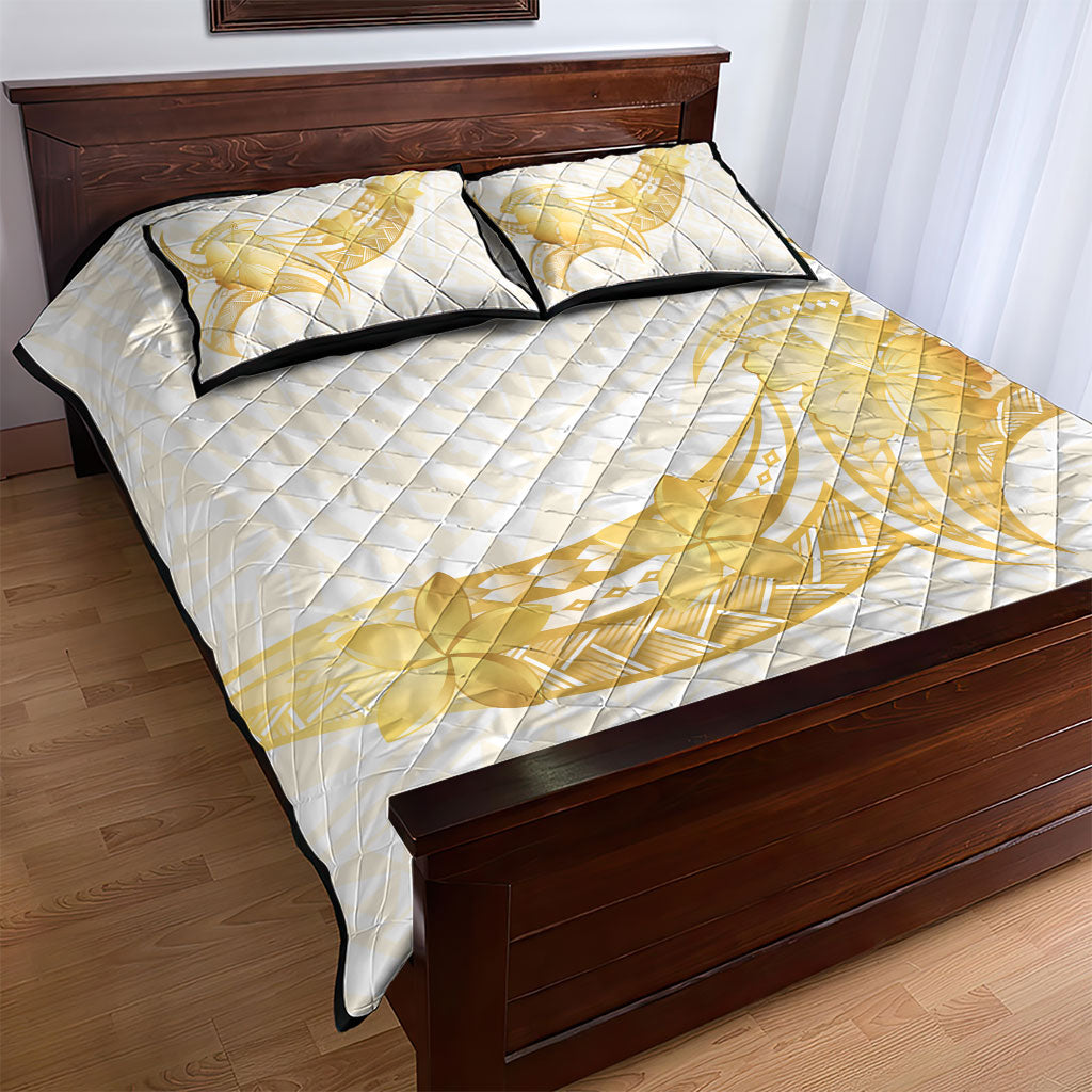 Polynesia White Sunday Quilt Bed Set Polynesian Tattoo Plumeria Hibiscus Gold