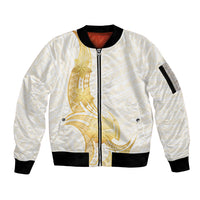 Polynesia White Sunday Sleeve Zip Bomber Jacket Polynesian Tattoo Plumeria Hibiscus Gold