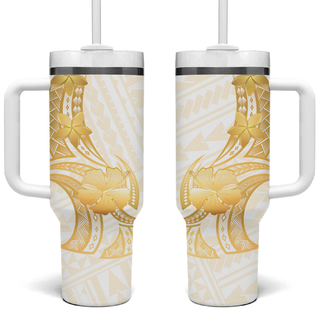 Polynesia White Sunday Tumbler With Handle Polynesian Tattoo Plumeria Hibiscus Gold