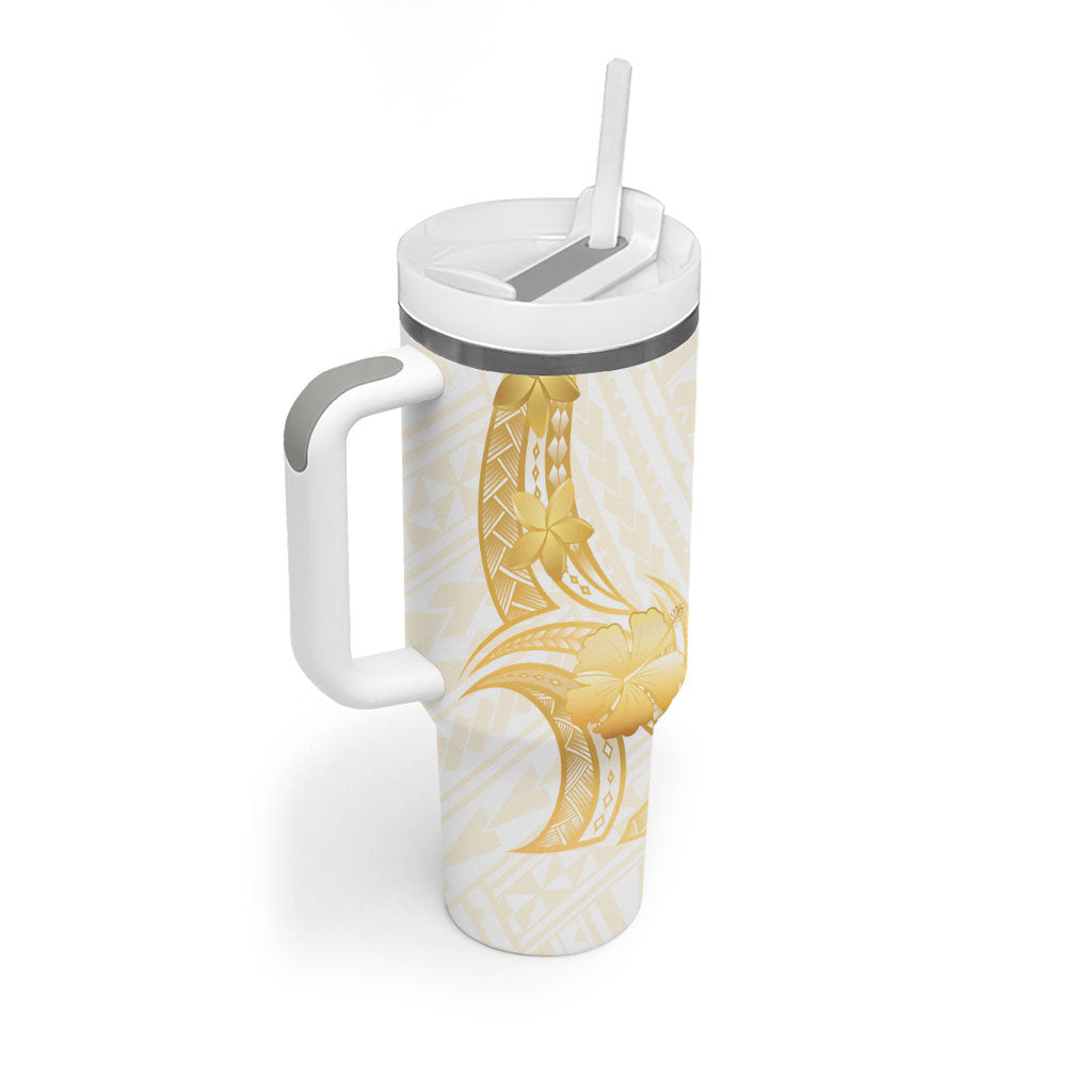Polynesia White Sunday Tumbler With Handle Polynesian Tattoo Plumeria Hibiscus Gold