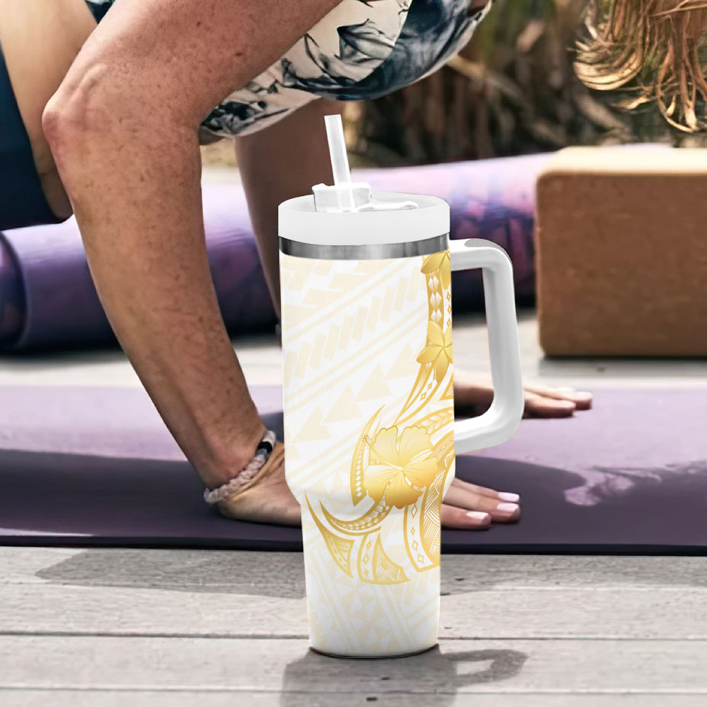 Polynesia White Sunday Tumbler With Handle Polynesian Tattoo Plumeria Hibiscus Gold