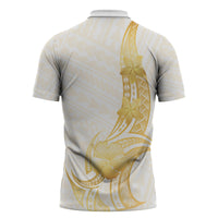 Polynesia White Sunday Zipper Polo Shirt Polynesian Tattoo Plumeria Hibiscus Gold