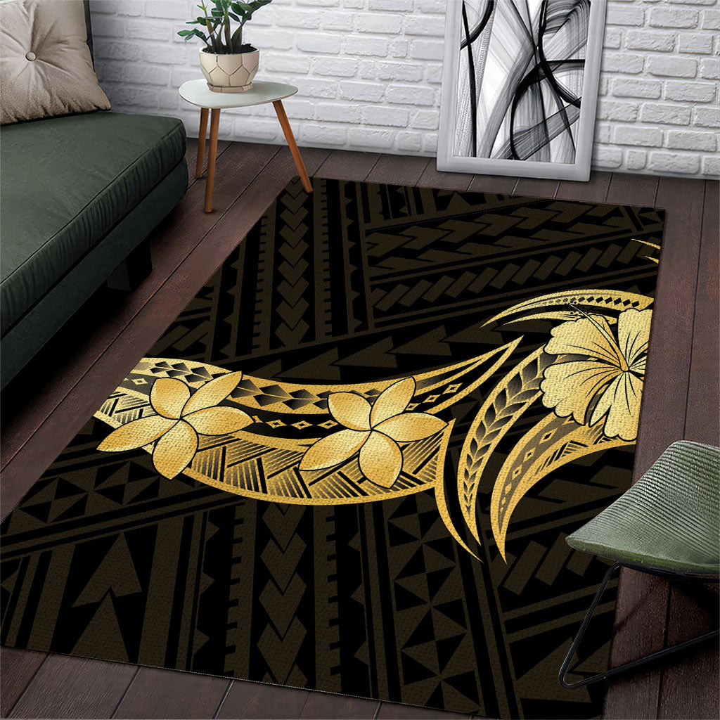 Gold Black Polynesia Hibiscus Plumeria Tattoo Area Rug