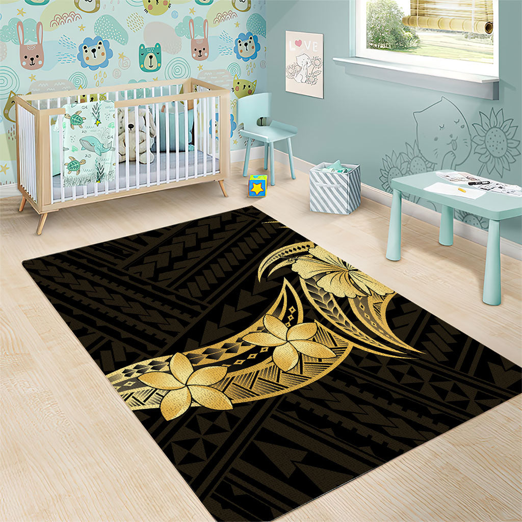 Gold Black Polynesia Hibiscus Plumeria Tattoo Area Rug