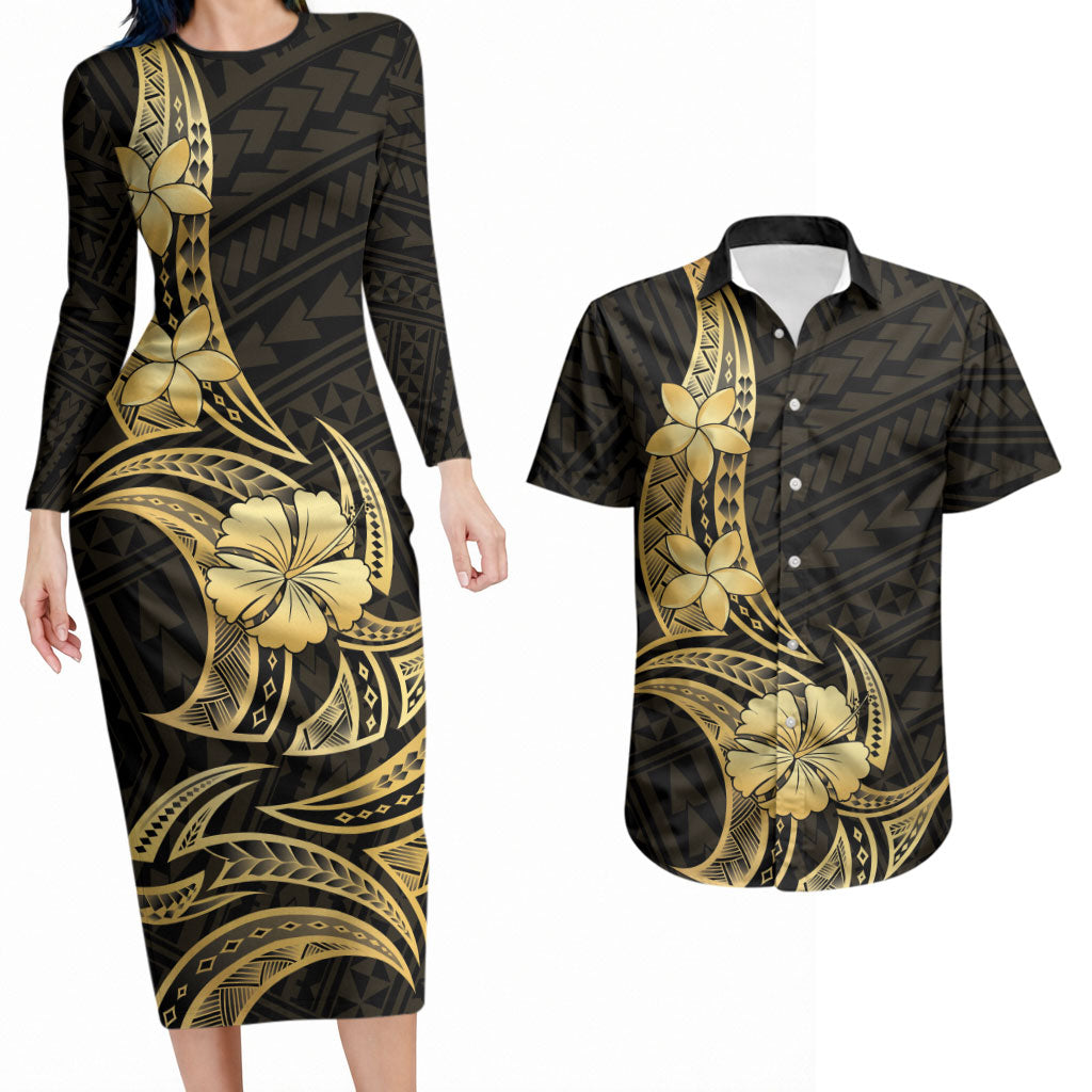 Gold Black Polynesia Hibiscus Plumeria Tattoo Couples Matching Long Sleeve Bodycon Dress and Hawaiian Shirt LT14 Black - Polynesian Pride