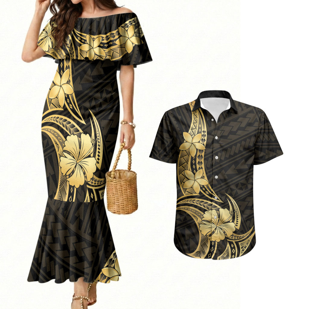Gold Black Polynesia Hibiscus Plumeria Tattoo Couples Matching Mermaid Dress and Hawaiian Shirt LT14 Black - Polynesian Pride