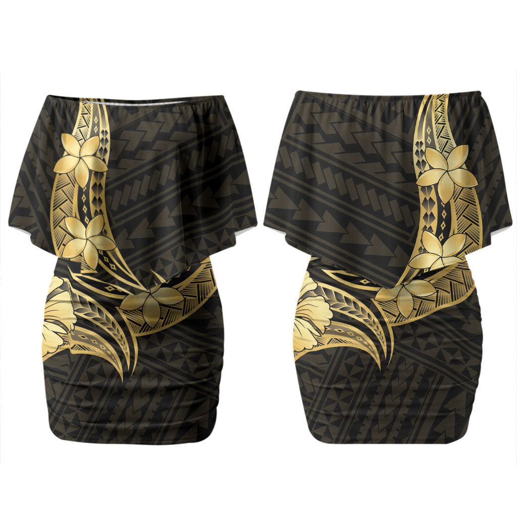 Gold Black Polynesia Hibiscus Plumeria Tattoo Couples Matching Off Shoulder Short Dress and Long Sleeve Button Shirt