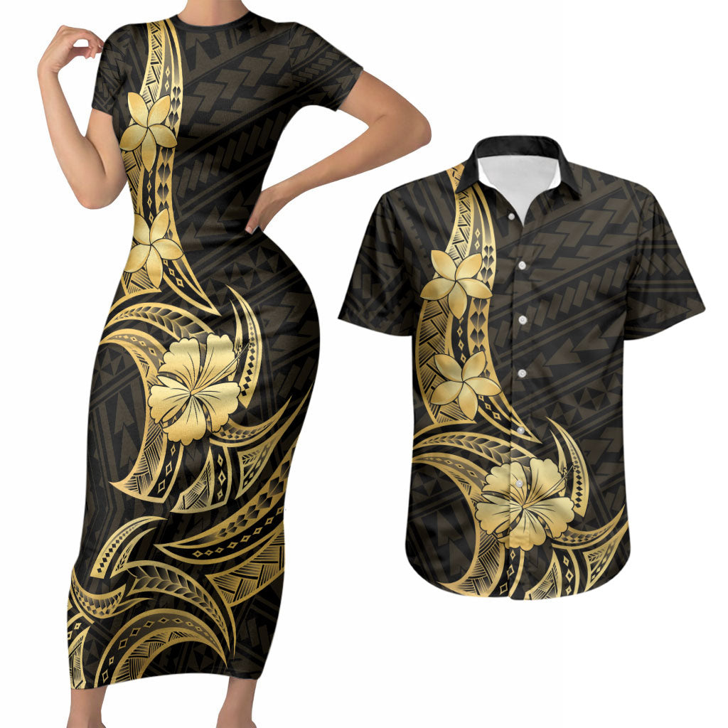 Gold Black Polynesia Hibiscus Plumeria Tattoo Couples Matching Short Sleeve Bodycon Dress and Hawaiian Shirt LT14 Black - Polynesian Pride