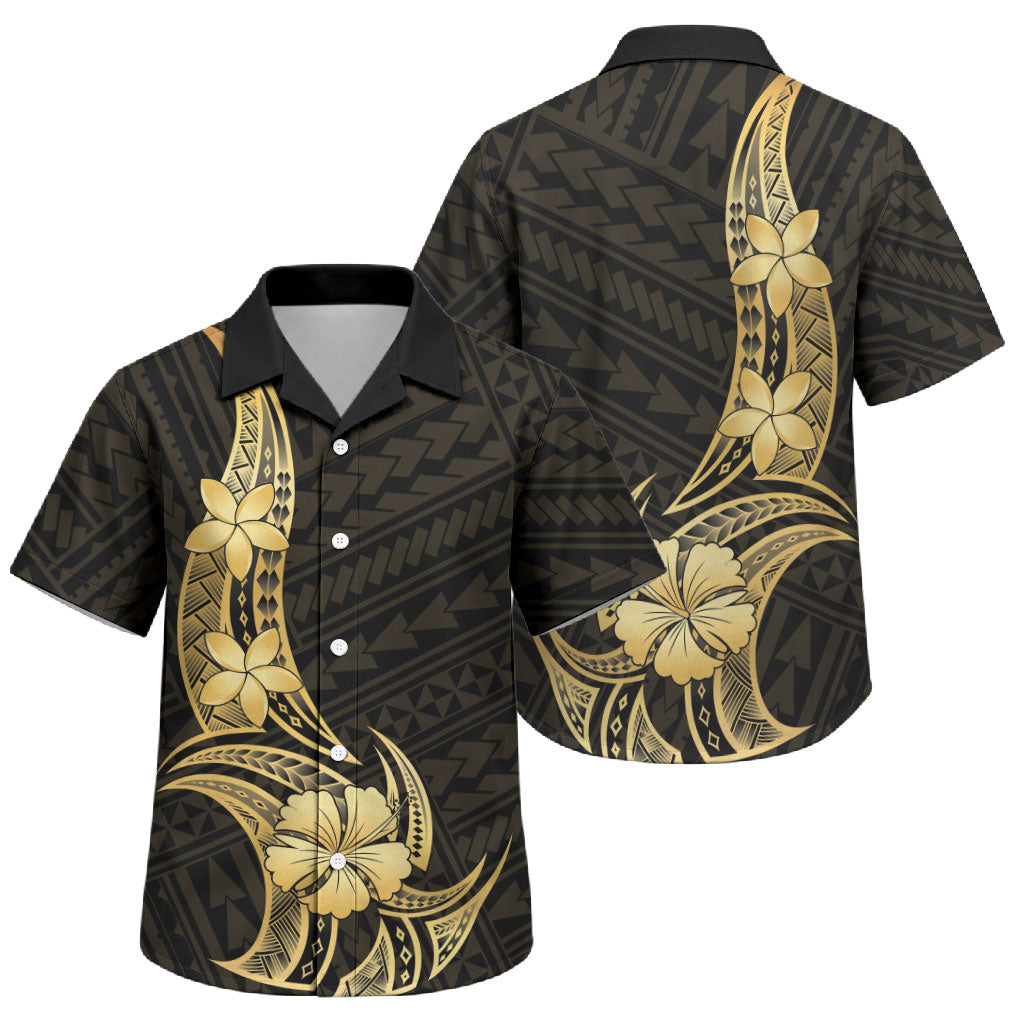 Gold Black Polynesia Hibiscus Plumeria Tattoo Family Matching Mermaid Dress and Hawaiian Shirt