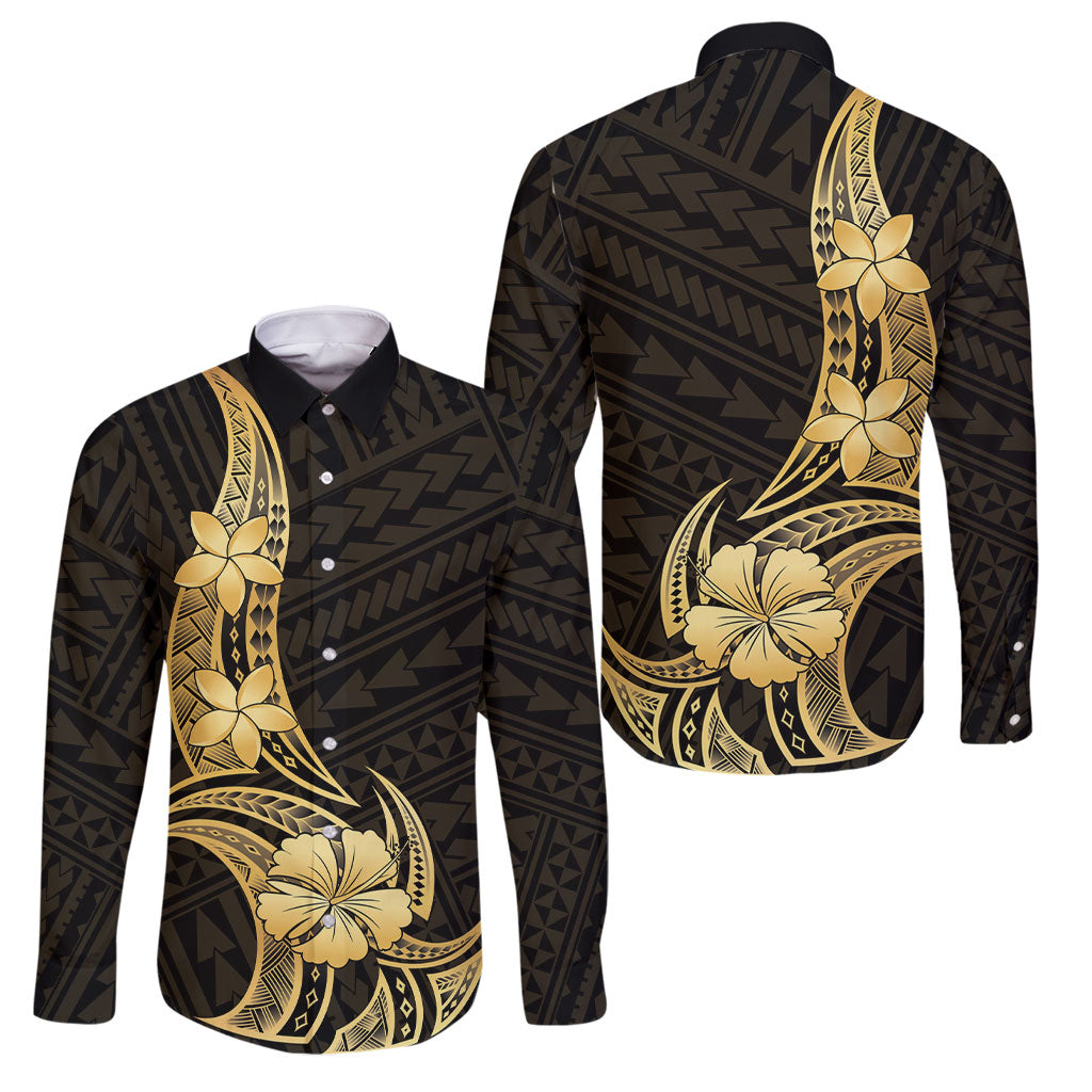 Gold Black Polynesia Hibiscus Plumeria Tattoo Family Matching Puletasi and Hawaiian Shirt