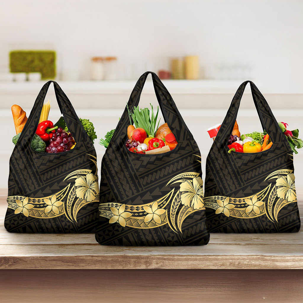 Gold Black Polynesia Hibiscus Plumeria Tattoo Grocery Bag LT14 3-pack One Size Black - Polynesian Pride
