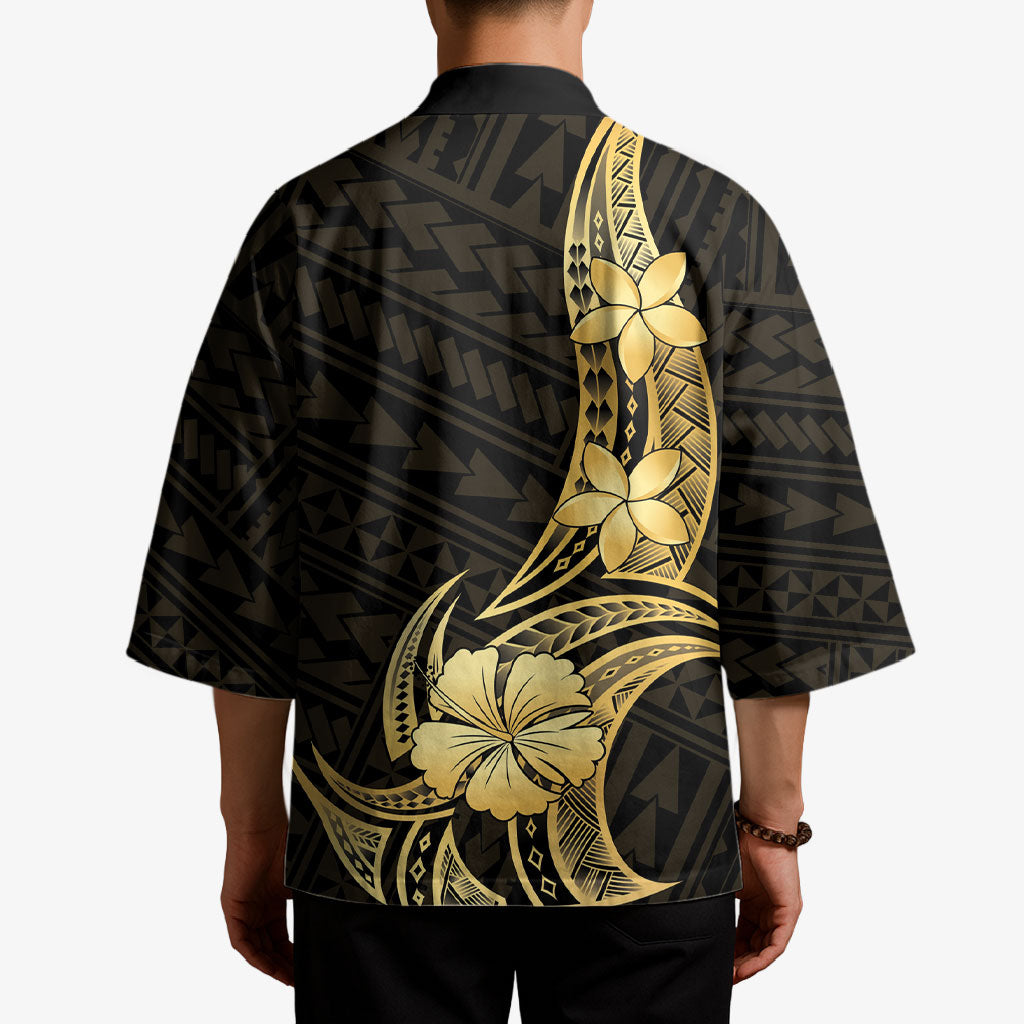 Gold Black Polynesia Hibiscus Plumeria Tattoo Kimono