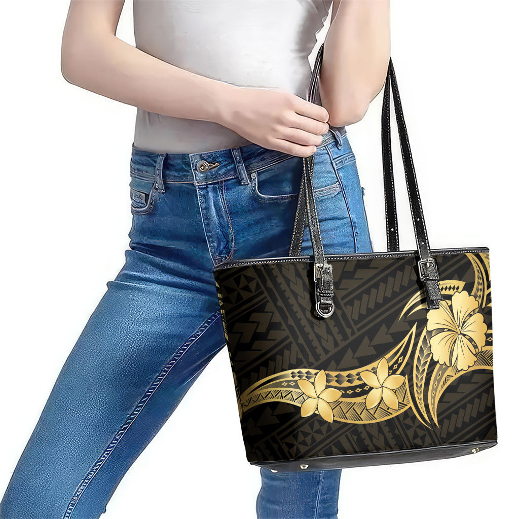 Gold Black Polynesia Hibiscus Plumeria Tattoo Leather Tote Bag