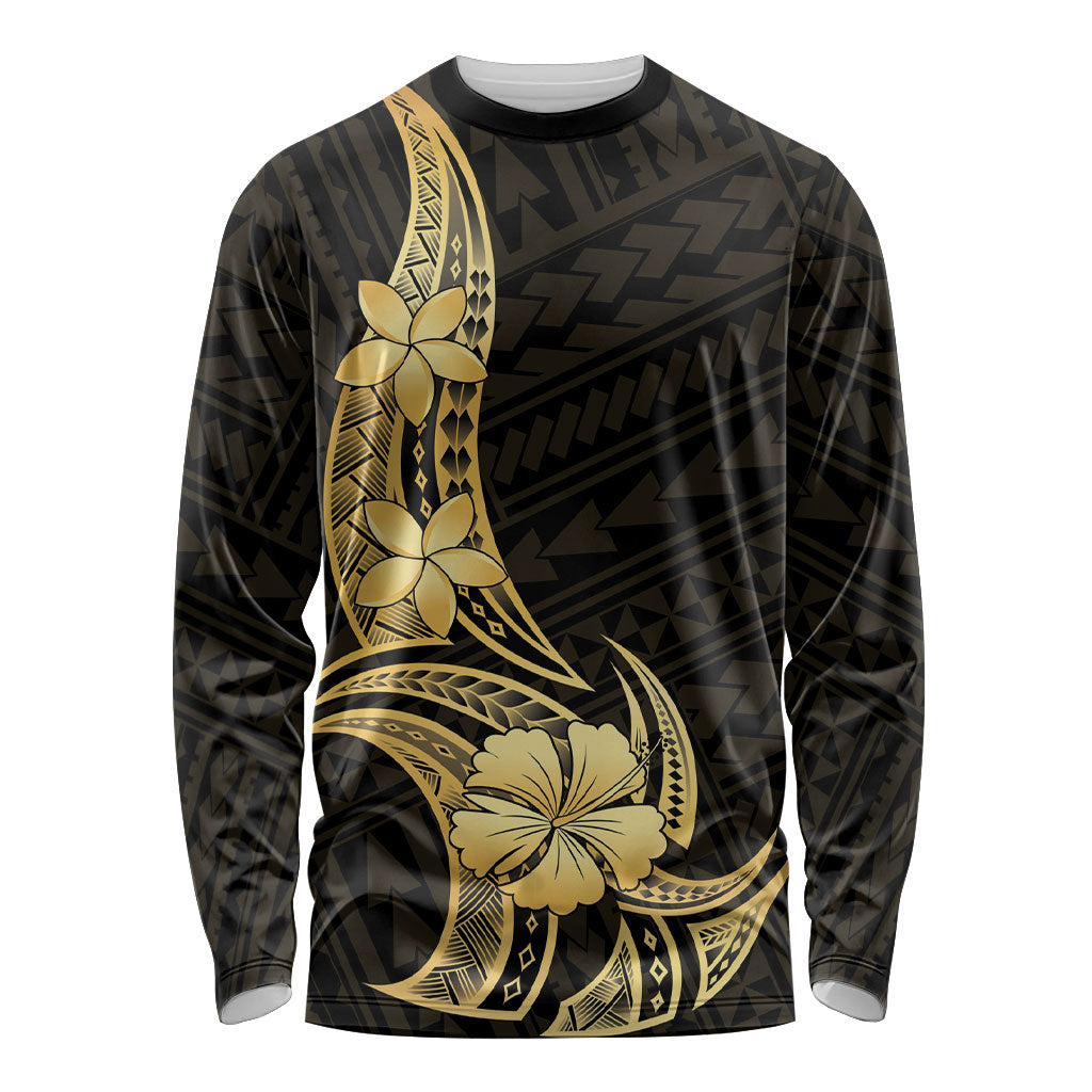 Gold Black Polynesia Hibiscus Plumeria Tattoo Long Sleeve Shirt