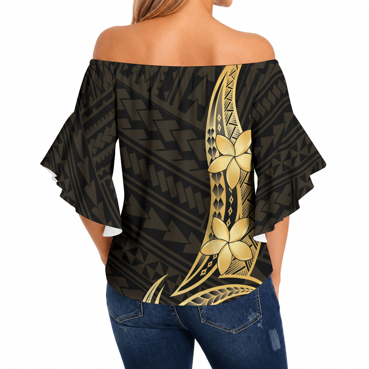 Gold Black Polynesia Hibiscus Plumeria Tattoo Off Shoulder Wrap Waist Top
