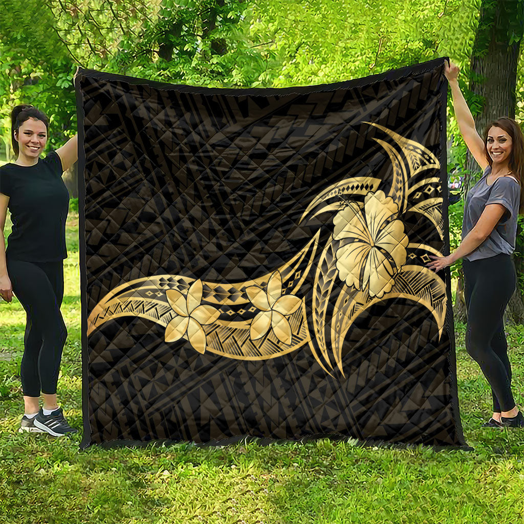 Gold Black Polynesia Hibiscus Plumeria Tattoo Quilt