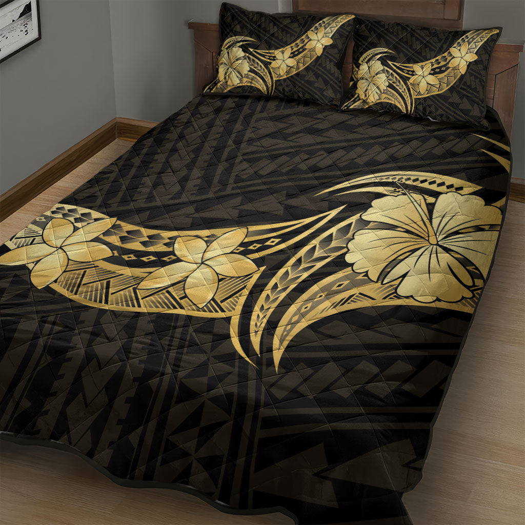Gold Black Polynesia Hibiscus Plumeria Tattoo Quilt Bed Set