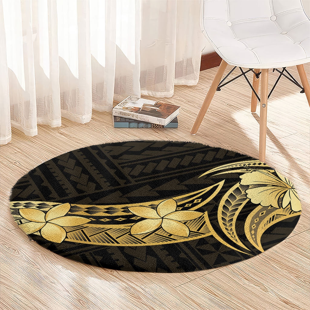 Gold Black Polynesia Hibiscus Plumeria Tattoo Round Carpet