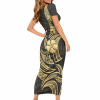 Gold Black Polynesia Hibiscus Plumeria Tattoo Short Sleeve Bodycon Dress