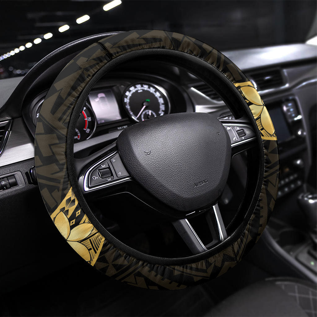 Gold Black Polynesia Hibiscus Plumeria Tattoo Steering Wheel Cover