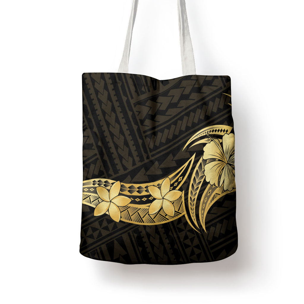 Gold Black Polynesia Hibiscus Plumeria Tattoo Tote Bag