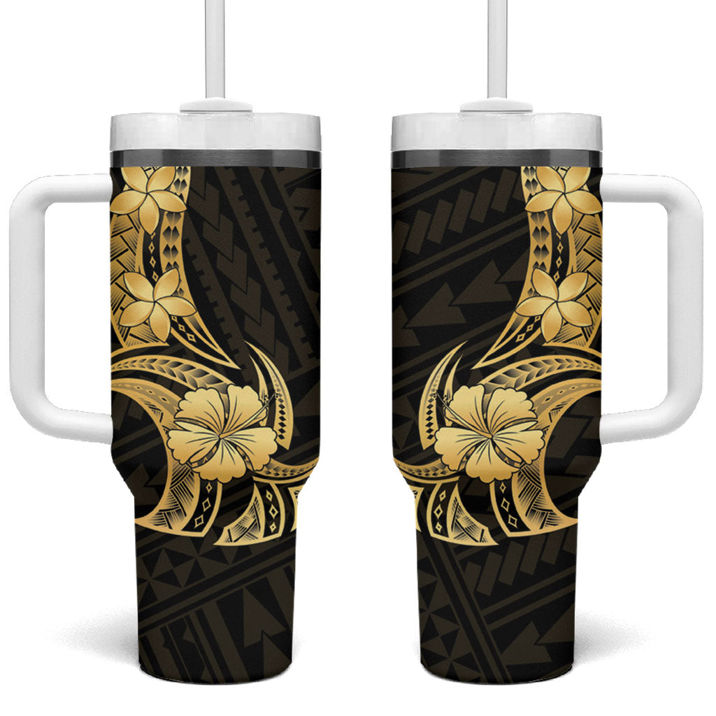 Gold Black Polynesia Hibiscus Plumeria Tattoo Tumbler With Handle