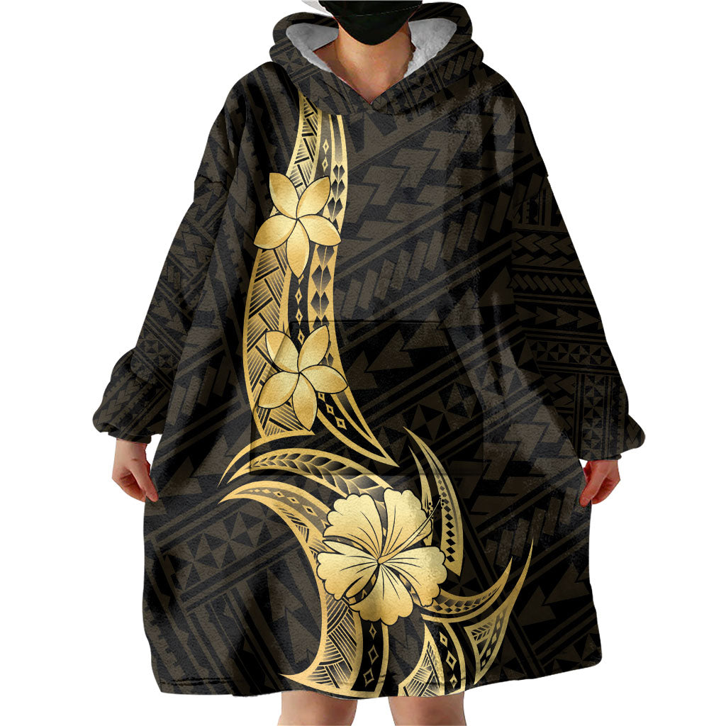 Gold Black Polynesia Hibiscus Plumeria Tattoo Wearable Blanket Hoodie