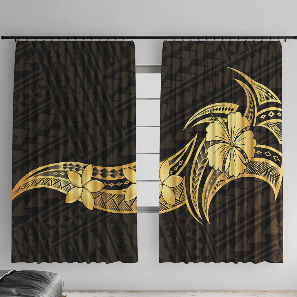 Gold Black Polynesia Hibiscus Plumeria Tattoo Window Curtain