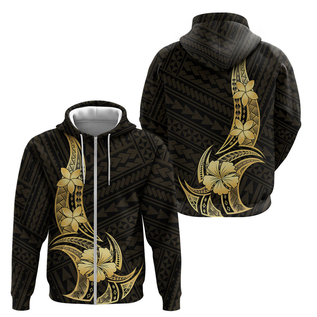 Gold Black Polynesia Hibiscus Plumeria Tattoo Zip Hoodie