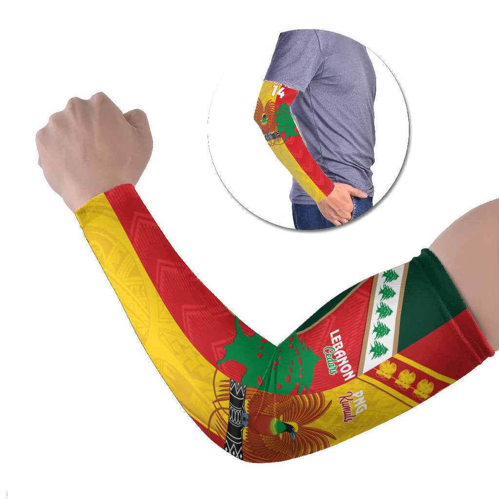 Custom Rugby Papua New Guinea and Lebanon Arm Sleeves PNG Kumuls Cedars Together LT14 Set of 2 Multicolor - Polynesian Pride