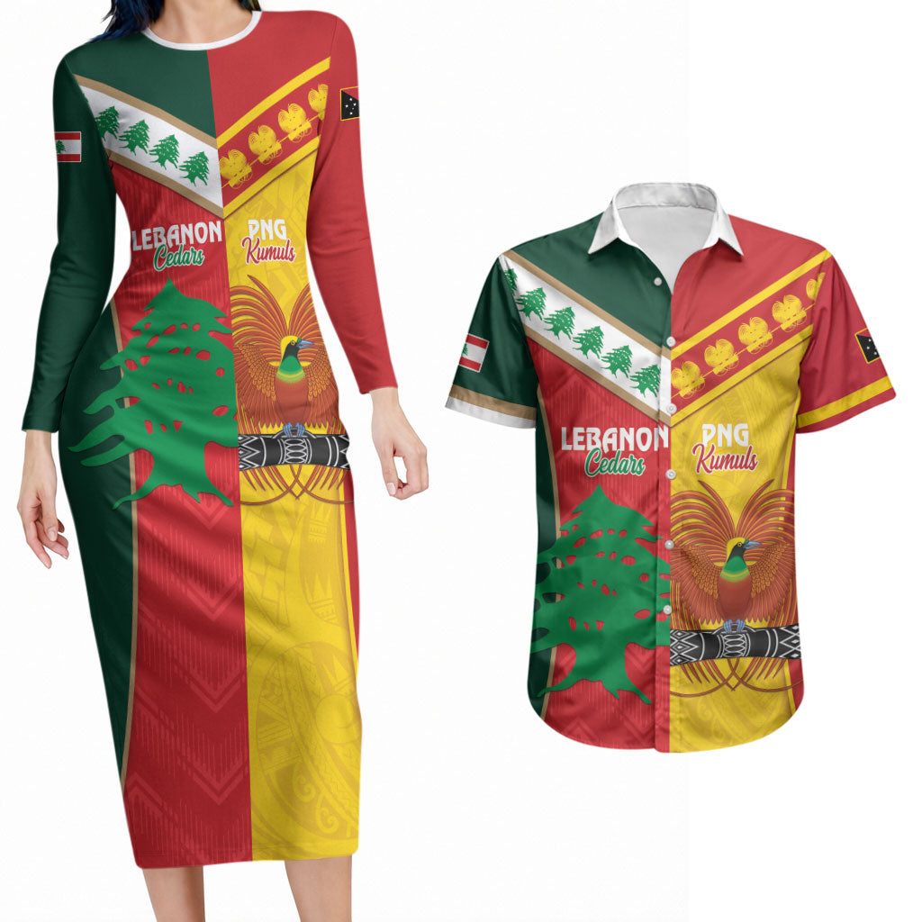 Custom Rugby Papua New Guinea and Lebanon Couples Matching Long Sleeve Bodycon Dress and Hawaiian Shirt PNG Kumuls Cedars Together