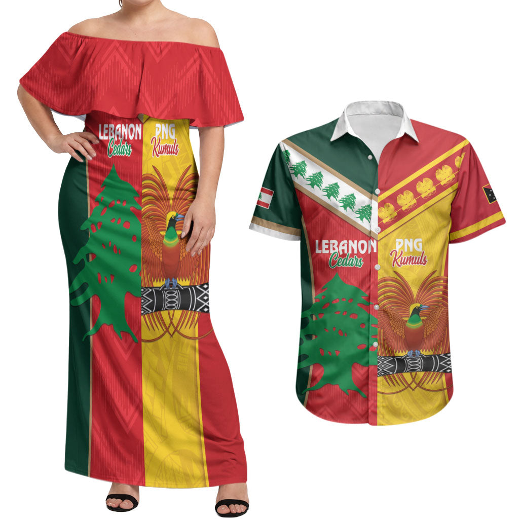 Custom Rugby Papua New Guinea and Lebanon Couples Matching Off Shoulder Maxi Dress and Hawaiian Shirt PNG Kumuls Cedars Together LT14 Multicolor - Polynesian Pride