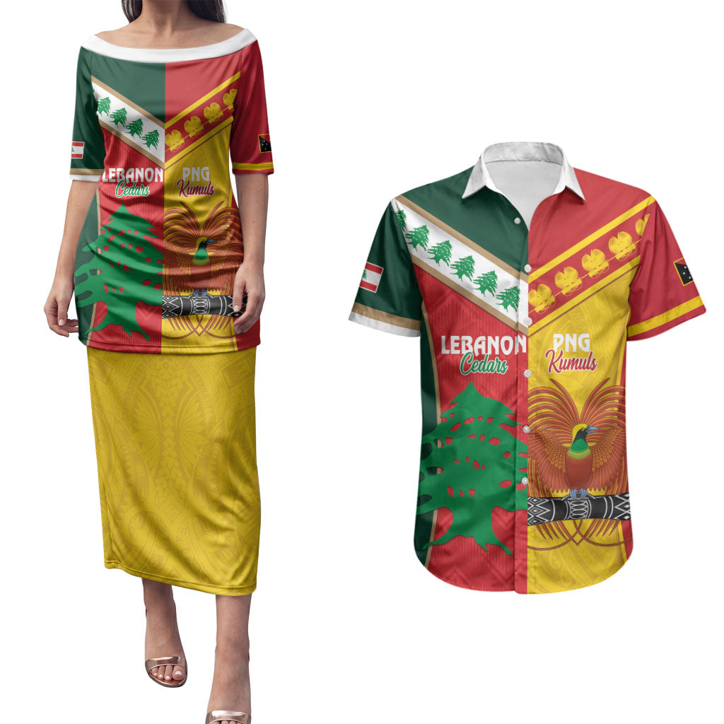 Custom Rugby Papua New Guinea and Lebanon Couples Matching Puletasi and Hawaiian Shirt PNG Kumuls Cedars Together LT14 Multicolor - Polynesian Pride