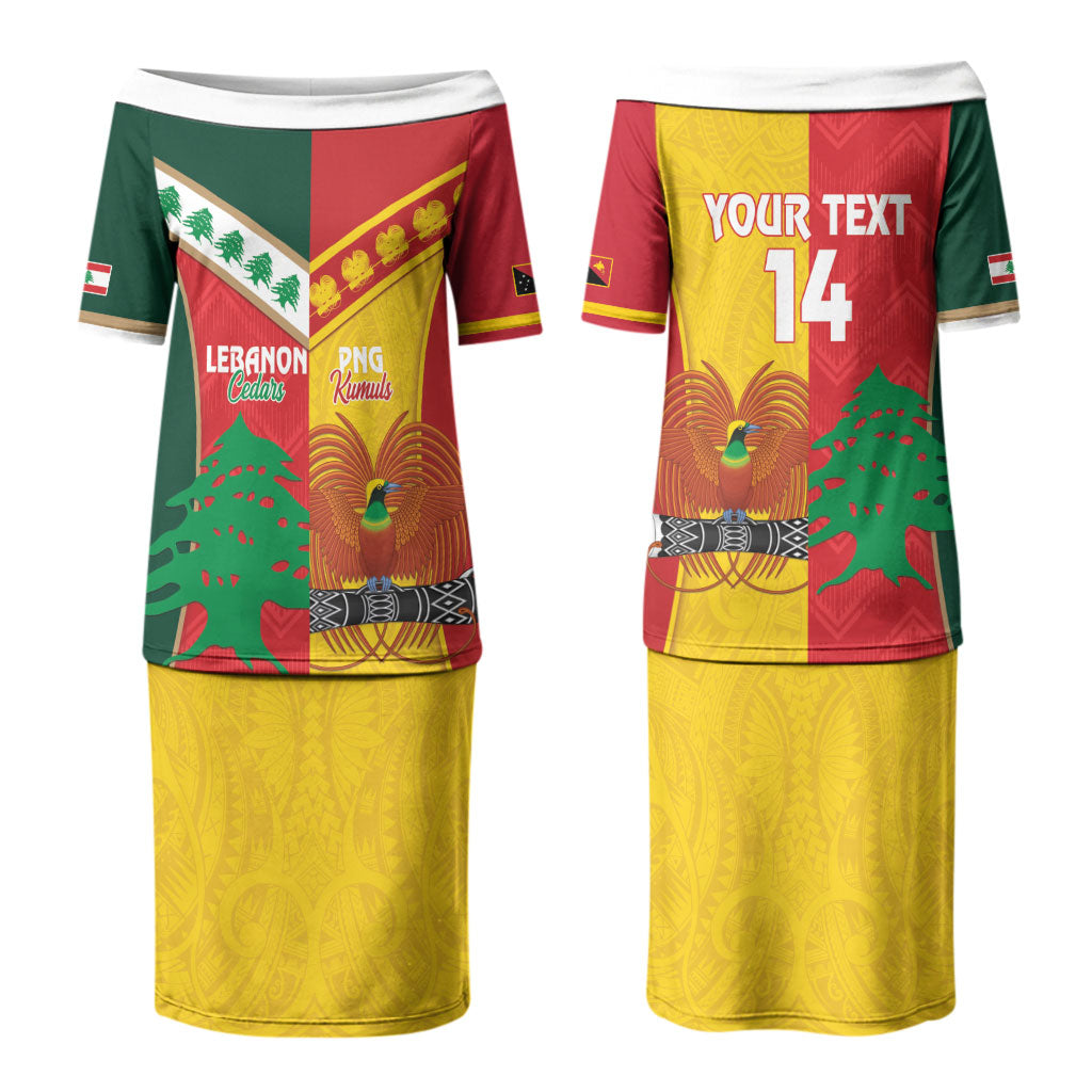 Custom Rugby Papua New Guinea and Lebanon Couples Matching Puletasi and Long Sleeve Button Shirt PNG Kumuls Cedars Together