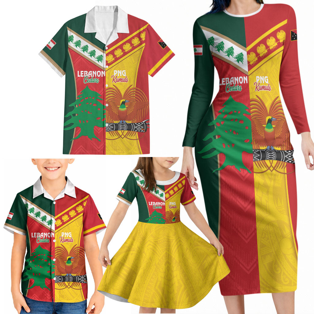 Custom Rugby Papua New Guinea and Lebanon Family Matching Long Sleeve Bodycon Dress and Hawaiian Shirt PNG Kumuls Cedars Together LT14 - Polynesian Pride