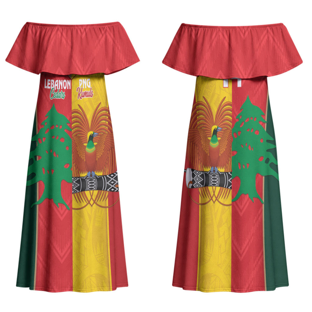 Custom Rugby Papua New Guinea and Lebanon Family Matching Off Shoulder Maxi Dress and Hawaiian Shirt PNG Kumuls Cedars Together
