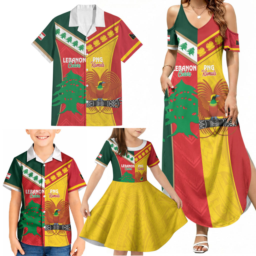 Custom Rugby Papua New Guinea and Lebanon Family Matching Summer Maxi Dress and Hawaiian Shirt PNG Kumuls Cedars Together LT14 - Polynesian Pride