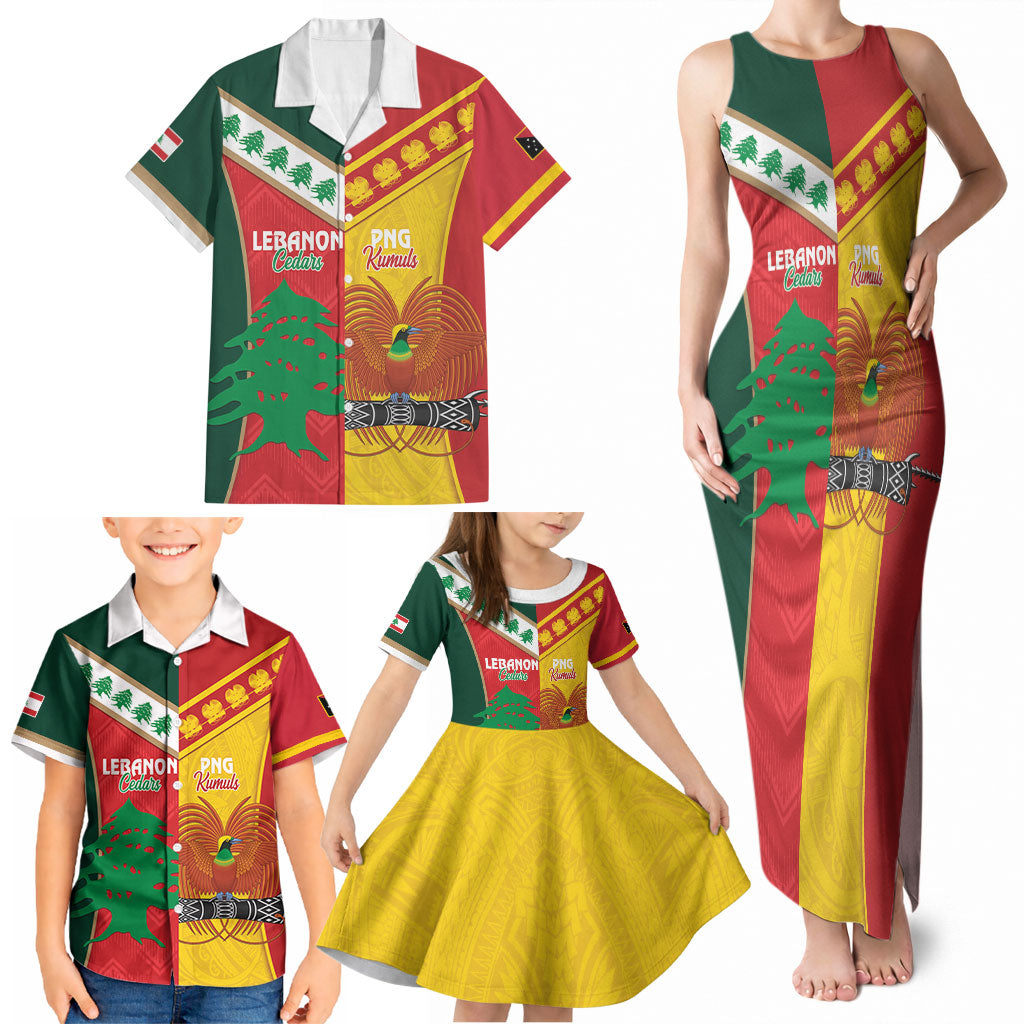 Custom Rugby Papua New Guinea and Lebanon Family Matching Tank Maxi Dress and Hawaiian Shirt PNG Kumuls Cedars Together LT14 - Polynesian Pride