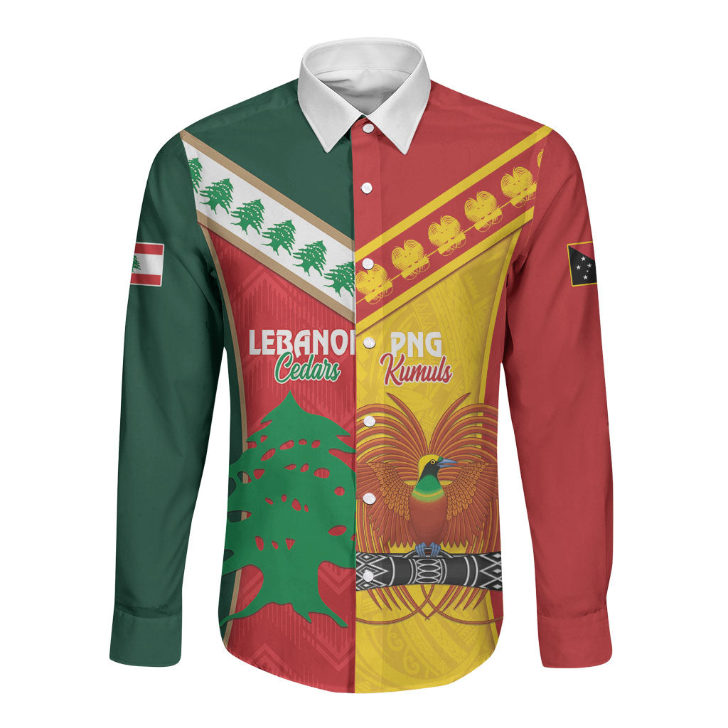 Custom Rugby Papua New Guinea and Lebanon Long Sleeve Button Shirt PNG Kumuls Cedars Together LT14 Unisex Multicolor - Polynesian Pride