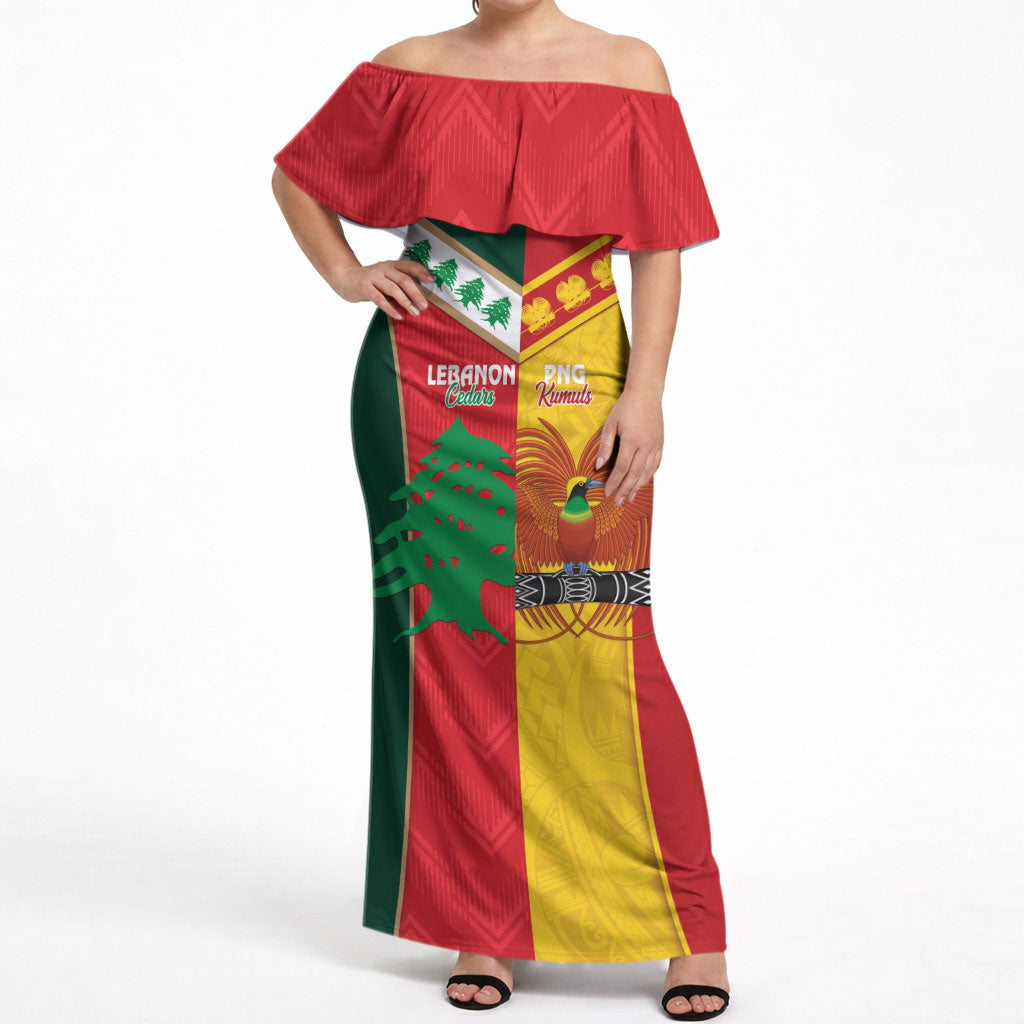 Custom Rugby Papua New Guinea and Lebanon Off Shoulder Maxi Dress PNG Kumuls Cedars Together LT14 Women Multicolor - Polynesian Pride