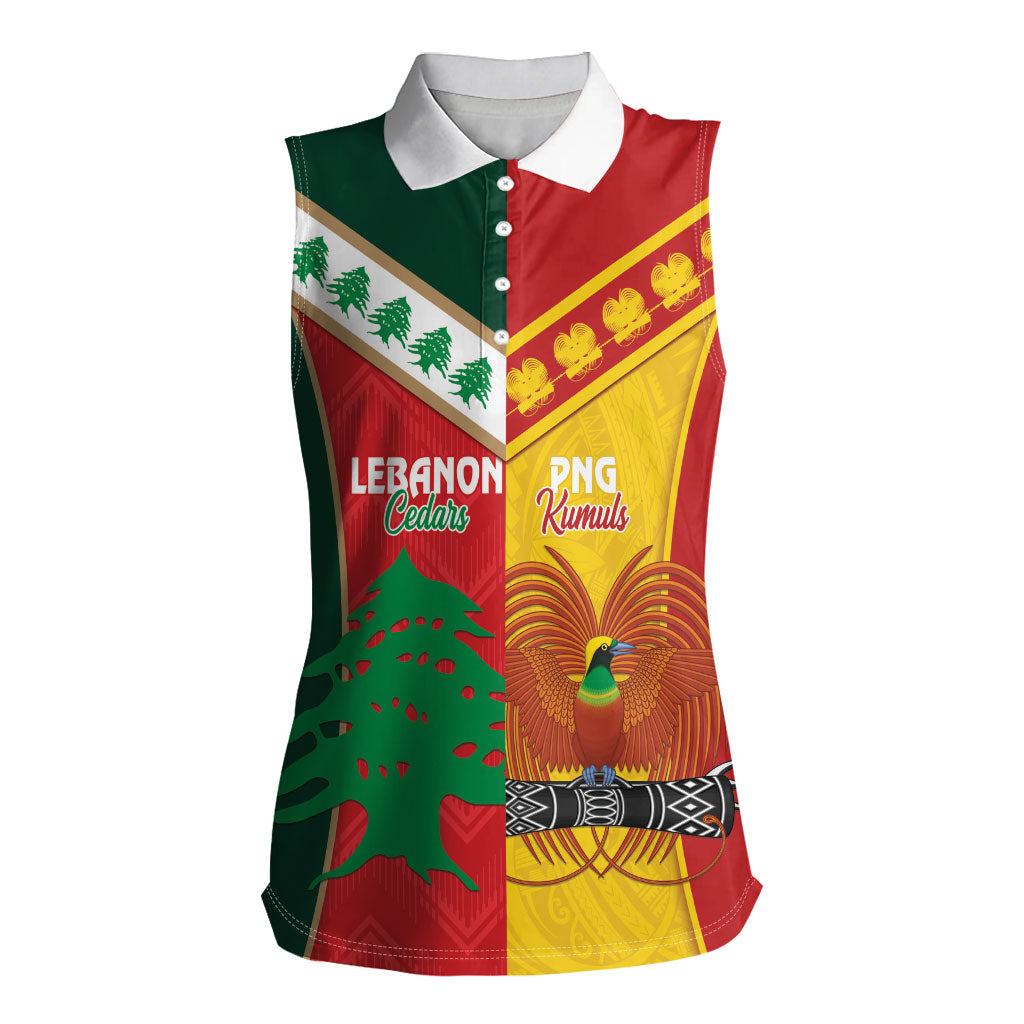 Custom Rugby Papua New Guinea and Lebanon Women Sleeveless Polo Shirt PNG Kumuls Cedars Together LT14 Female Multicolor - Polynesian Pride