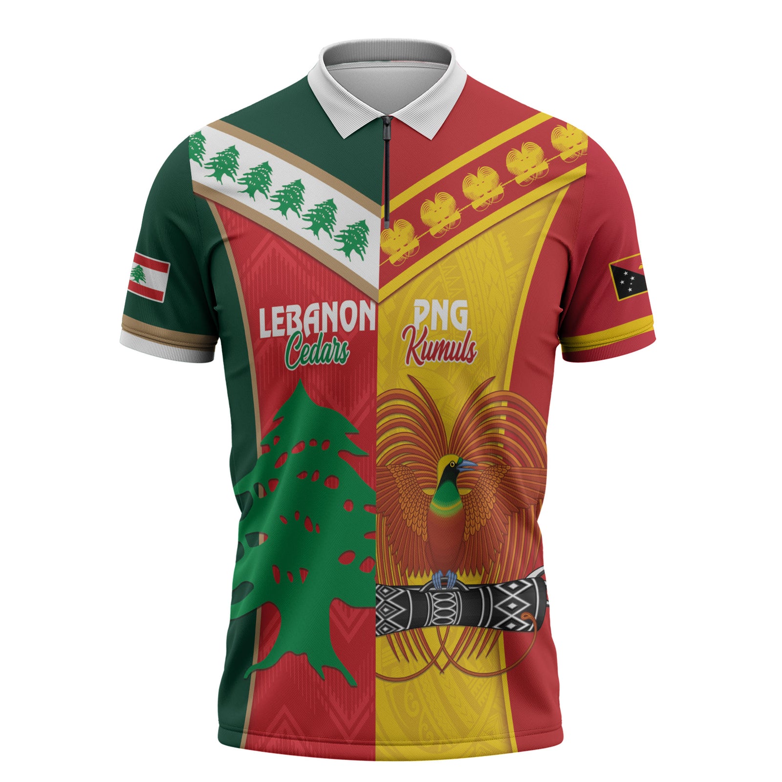 Custom Rugby Papua New Guinea and Lebanon Zipper Polo Shirt PNG Kumuls Cedars Together LT14 Multicolor - Polynesian Pride