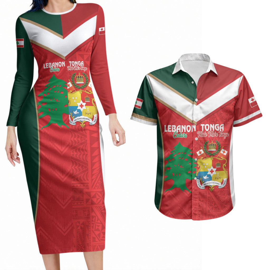 Custom Rugby Tonga and Lebanon Couples Matching Long Sleeve Bodycon Dress and Hawaiian Shirt Mate Maa Tonga Cedars Together LT14 Multicolor - Polynesian Pride