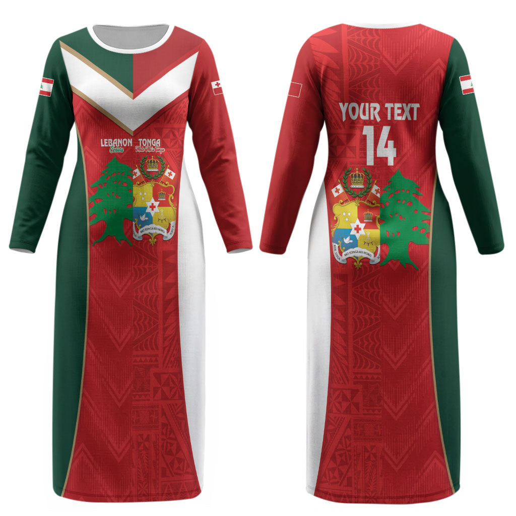 Custom Rugby Tonga and Lebanon Couples Matching Long Sleeve Bodycon Dress and Long Sleeve Button Shirt Mate Maa Tonga Cedars Together