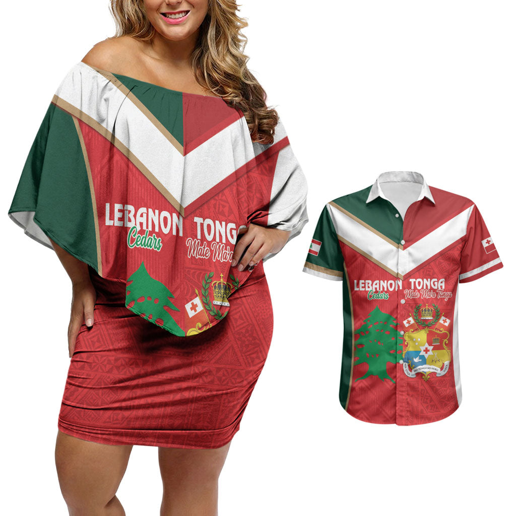 Custom Rugby Tonga and Lebanon Couples Matching Off Shoulder Short Dress and Hawaiian Shirt Mate Maa Tonga Cedars Together LT14 Multicolor - Polynesian Pride