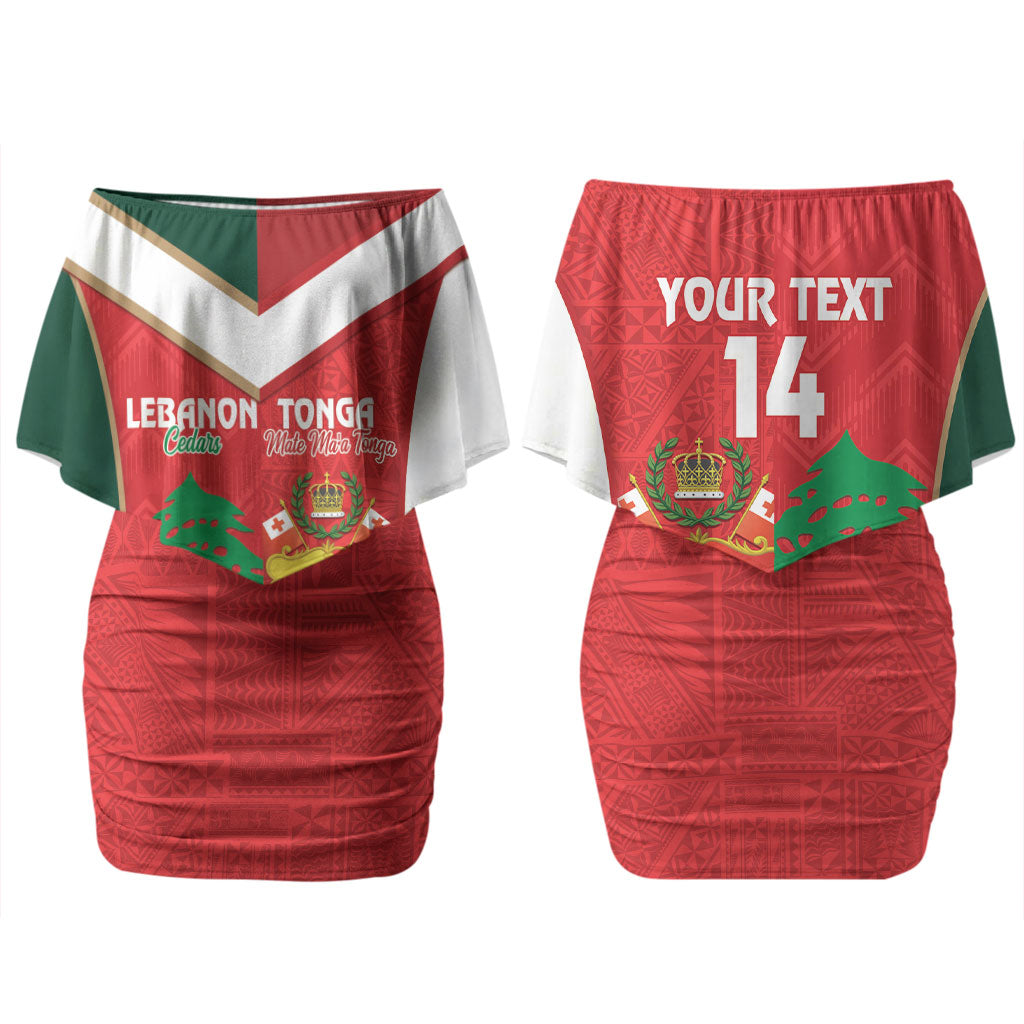 Custom Rugby Tonga and Lebanon Couples Matching Off Shoulder Short Dress and Long Sleeve Button Shirt Mate Maa Tonga Cedars Together
