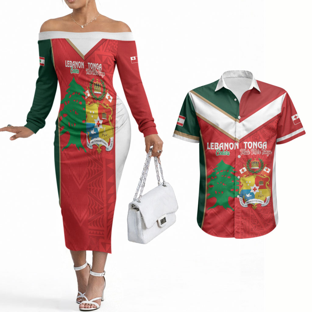 Custom Rugby Tonga and Lebanon Couples Matching Off The Shoulder Long Sleeve Dress and Hawaiian Shirt Mate Maa Tonga Cedars Together LT14 Multicolor - Polynesian Pride