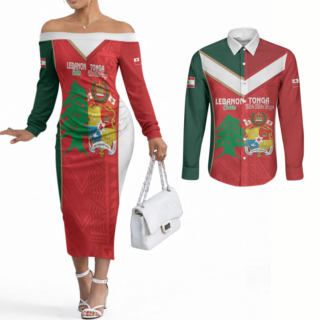 Custom Rugby Tonga and Lebanon Couples Matching Off The Shoulder Long Sleeve Dress and Long Sleeve Button Shirt Mate Maa Tonga Cedars Together LT14 Multicolor - Polynesian Pride