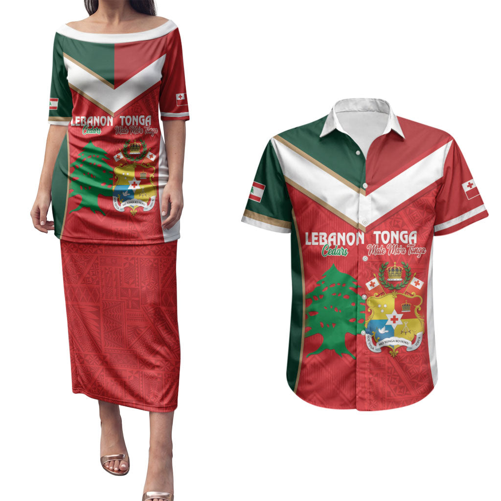 Custom Rugby Tonga and Lebanon Couples Matching Puletasi and Hawaiian Shirt Mate Maa Tonga Cedars Together LT14 Multicolor - Polynesian Pride